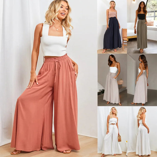 Spring Summer New Women's Wide Leg Pants Elastic Belt Wide Leg High Waist Long Skirt