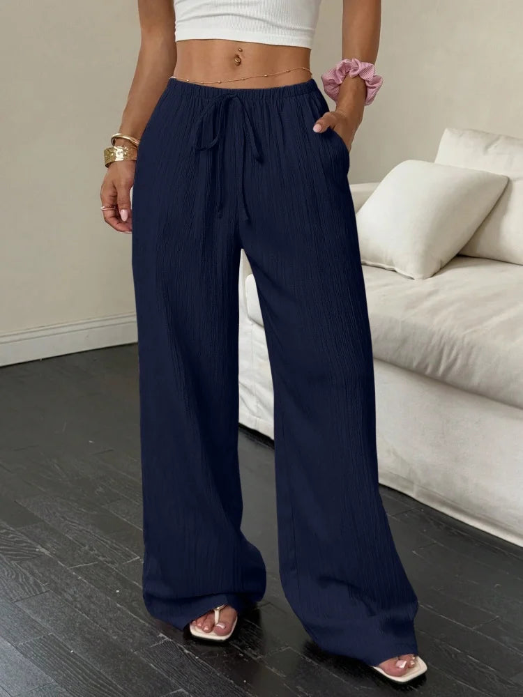 Summer 2025 Women's Casual Solid Color Texture Fabric Waist Belted Side Pocket Wide Leg Pants New Cross-Border Style