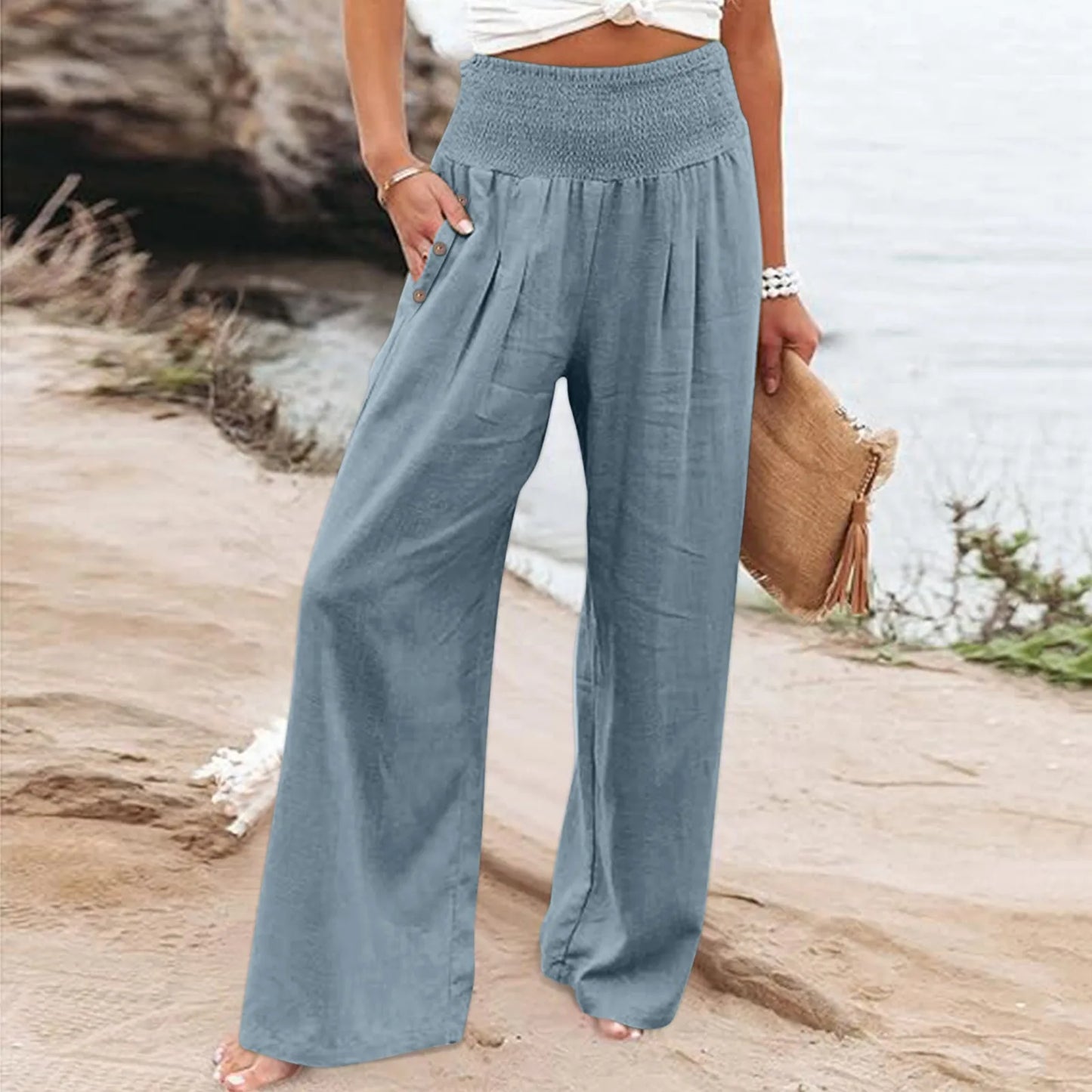 Fashion Cotton Linen Pants Women's Elastic High Waist Loose Wide Leg Pants With Pockets Solid Color Pleated Yoga Sports Pants
