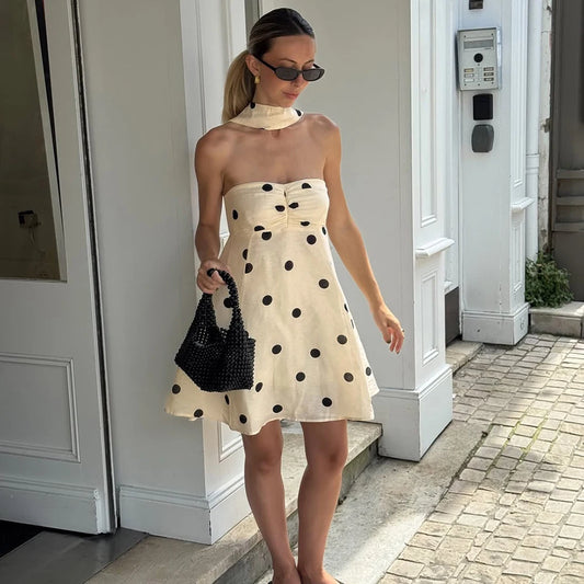 Ticketsx Polka Dot Dress Women's Sexy Scarf One Shoulder Backless Pleated Strapless Mini Dress Female Summer Luxury Loose Dress