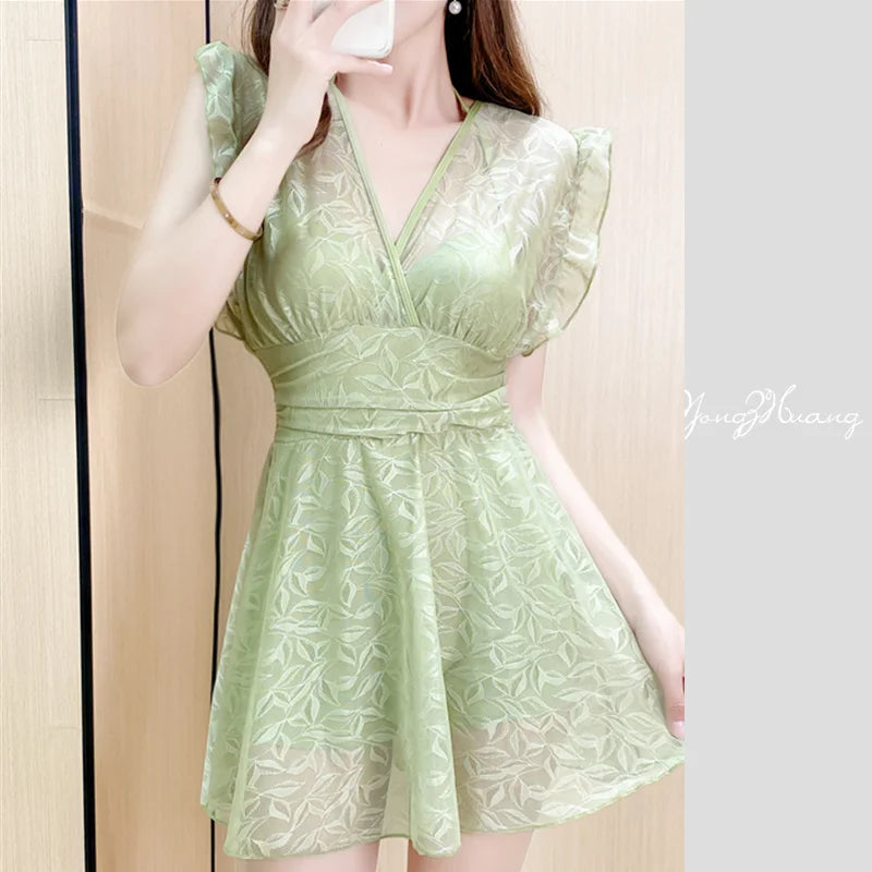 Ele Lace One-Piece Swimsuit Women's High Waist Brief Svel Slimming Thermal Bathing Suit Casual Color Swimwear