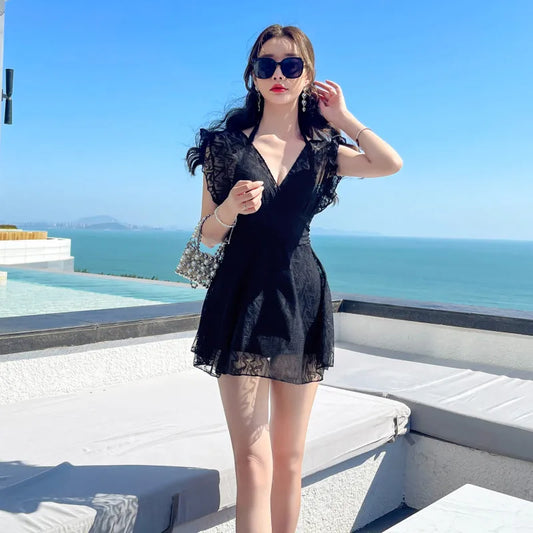 Ele Lace One-Piece Swimsuit Women's High Waist Brief Svel Slimming Thermal Bathing Suit Casual Color Swimwear