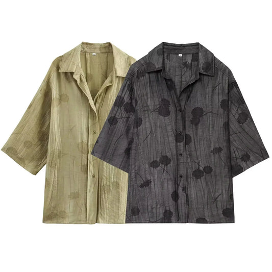 Women Print Long Pants Sets For Women Lapel Half Sleeve Single Breasted Shirts + High Waist Lace-Up Wide Leg Pants