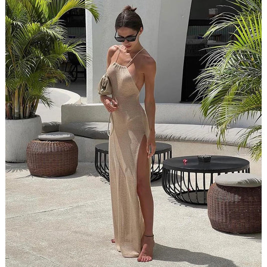 Para Praia Knitted Cover Up Beach Dress Sexy See Through Slit Bodycon Summer Dress Bikinis Cover-ups Elegant Halter Beachdress