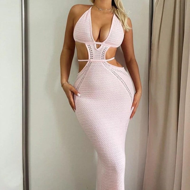 Sexy Style Hollow Out Backless Tie Up Dress Women Beach Vacation Beachwear Cover Up Knitting Sun Bathing Sunscreen Long Dress