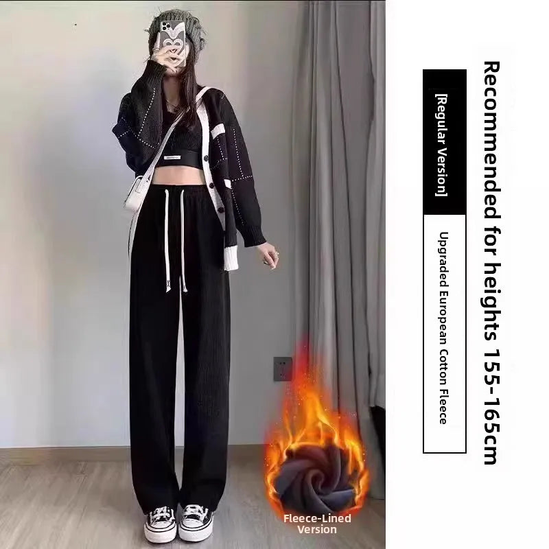 High Waist Wide Leg Pants Women's Autumn Winter Flannel Fce Lined Straight Cut Trousers Casual High Waist Pants