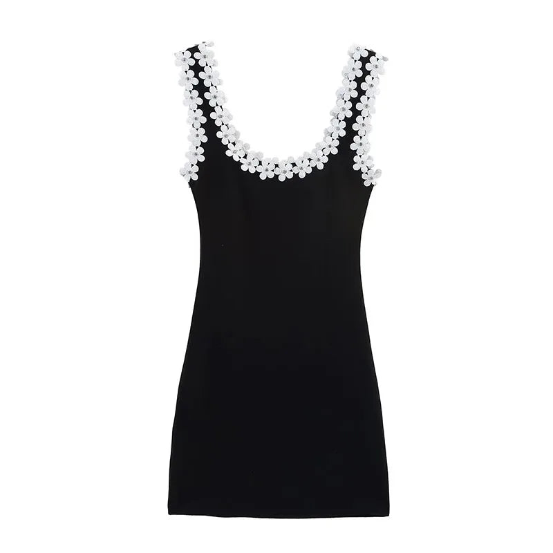 HH Female Summer Sexy Slim Dress 2 Color Solid Square Collar Sleeveless Backless Flower Decoration Women's Fashion Dresses