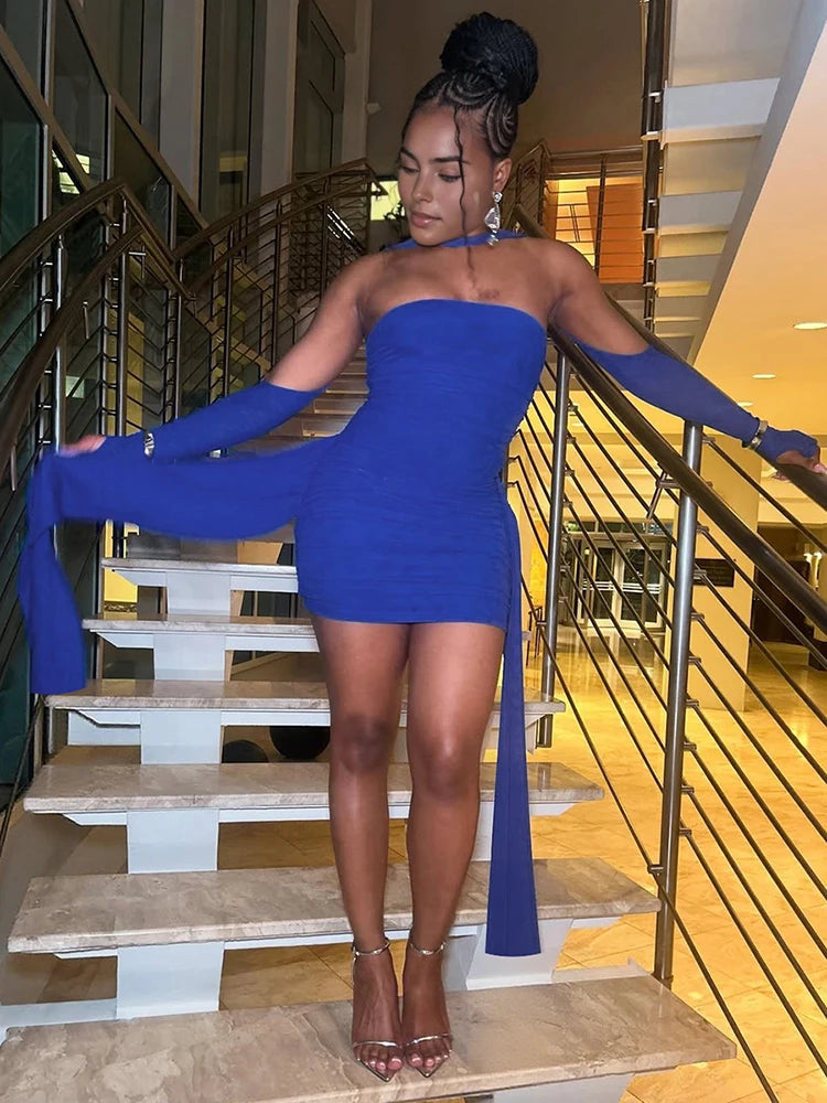 kliou Mesh Simple Women Mini Dress Fashion Solid Strapless Ribbons Tassel Body-shaping Vestidos+Seperately Full Sleeve Gloves