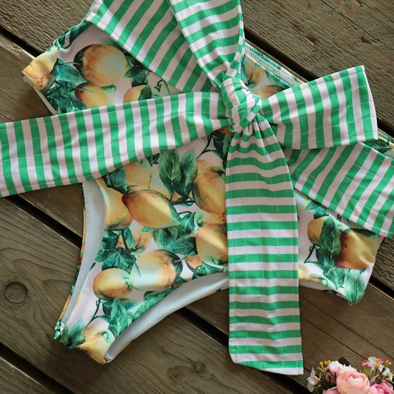 Two-Pieces Women Floral 2025 Push-Up Padded Bra Ruffles Bandage Bikini Set Swimsuit Swimwear Bathing Suit Beachwear Biquini