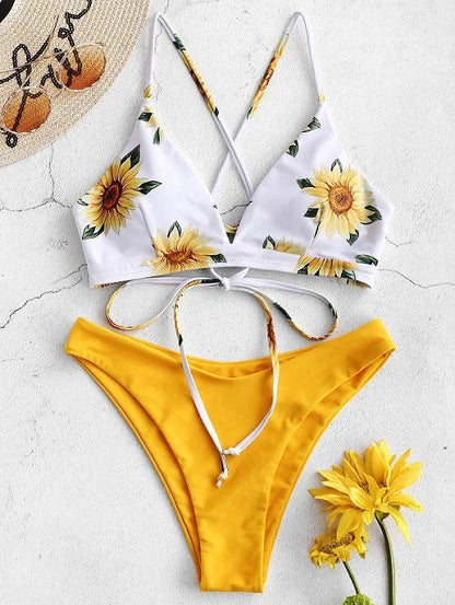 Sunflower Printed Bikini Set Sexy Swimwear Women 2025 Mujer Push Up Padded Biquini Bathers Bandage Bathing Suit Swimsuit Bikini