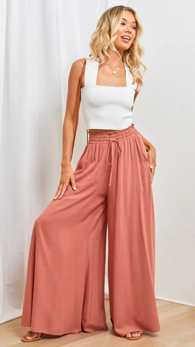 Spring Summer New Women's Wide Leg Pants Elastic Belt Wide Leg High Waist Long Skirt