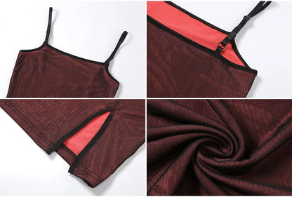 Mesh Double Layer Sexy Skinny Dress Women Sleeveless Party Bodycon 2024 Bandage Elastic Split Trend Clubwear Slim Outfit