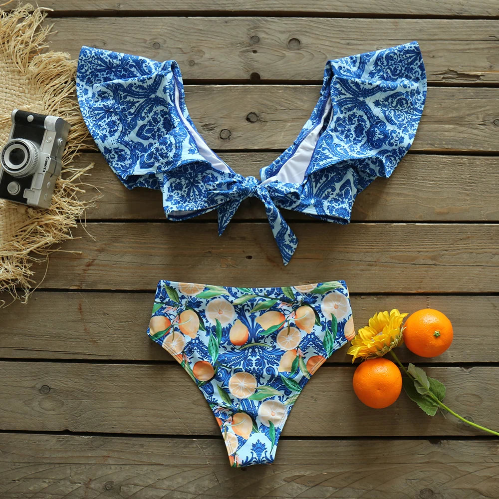 Two-Pieces Women Floral 2025 Push-Up Padded Bra Ruffles Bandage Bikini Set Swimsuit Swimwear Bathing Suit Beachwear Biquini