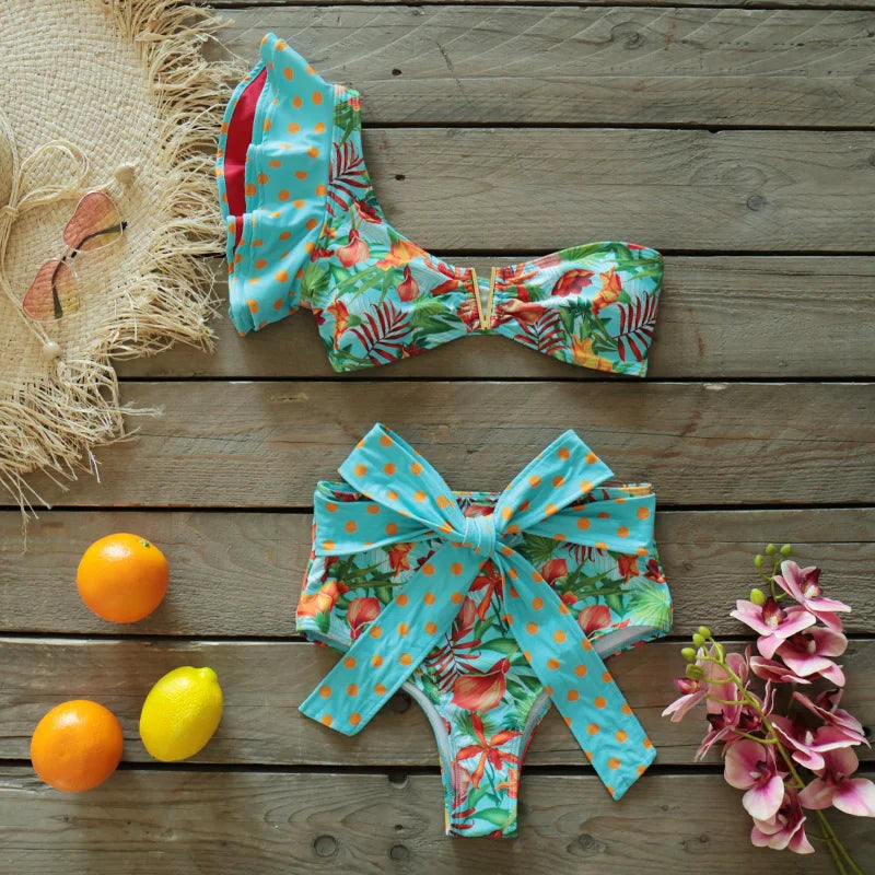 Two-Pieces Women Floral 2025 Push-Up Padded Bra Ruffles Bandage Bikini Set Swimsuit Swimwear Bathing Suit Beachwear Biquini