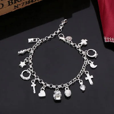 925 Sterling Silver Fashion 13pcs Pendant Chain Charm Bracelet for Women for Teen Girls Lady Gift Women Fine Jewelry