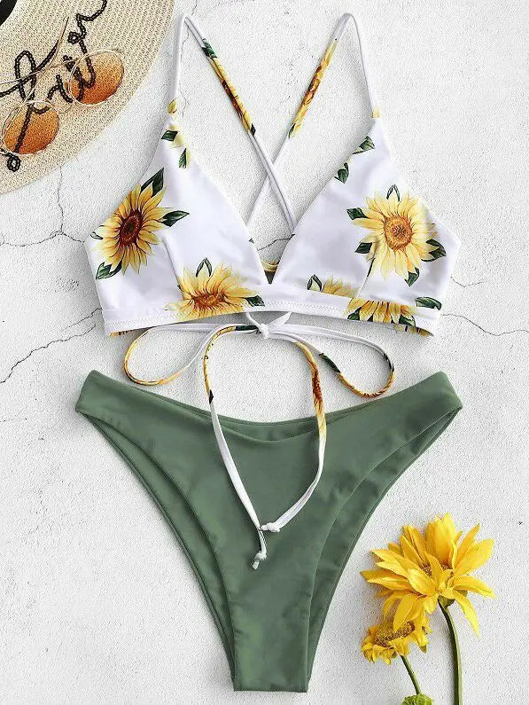Sunflower Printed Bikini Set Sexy Swimwear Women 2025 Mujer Push Up Padded Biquini Bathers Bandage Bathing Suit Swimsuit Bikini