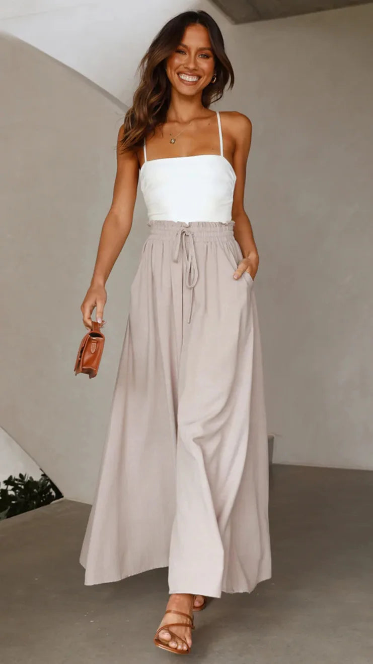 Spring Summer New Women's Wide Leg Pants Elastic Belt Wide Leg High Waist Long Skirt