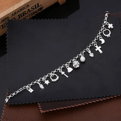 925 Sterling Silver Fashion 13pcs Pendant Chain Charm Bracelet for Women for Teen Girls Lady Gift Women Fine Jewelry