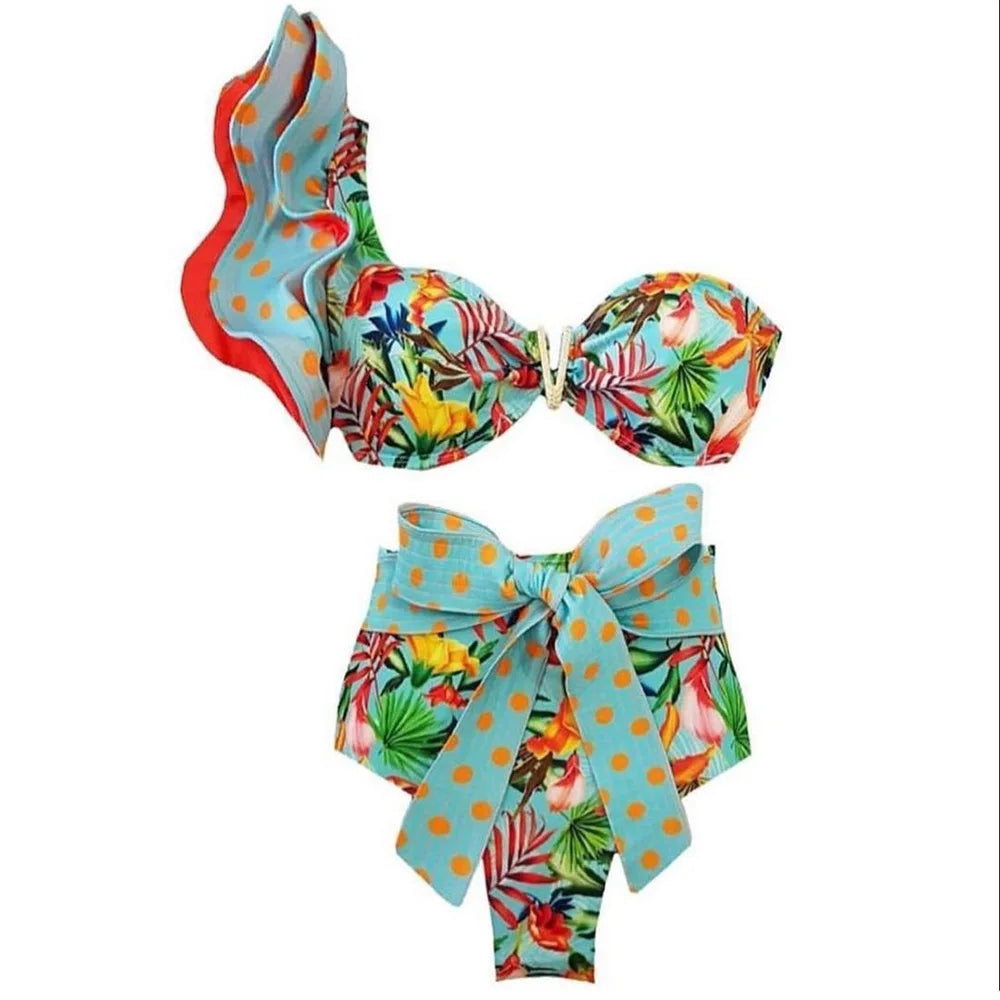 Two-Pieces Women Floral 2025 Push-Up Padded Bra Ruffles Bandage Bikini Set Swimsuit Swimwear Bathing Suit Beachwear Biquini