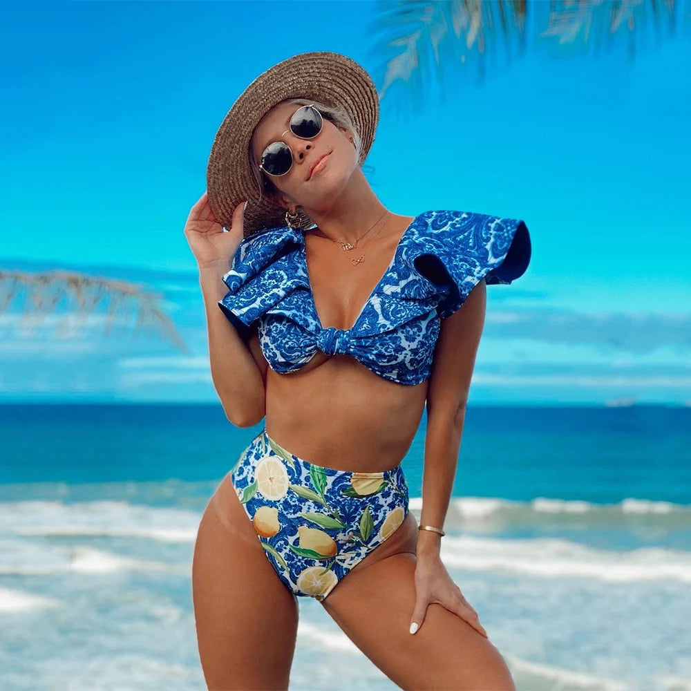 Two-Pieces Women Floral 2025 Push-Up Padded Bra Ruffles Bandage Bikini Set Swimsuit Swimwear Bathing Suit Beachwear Biquini