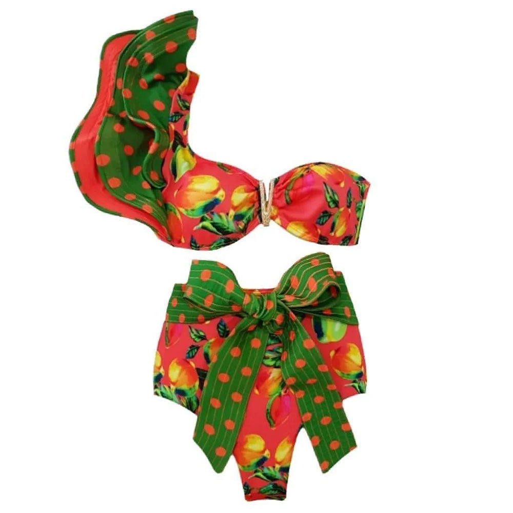 Two-Pieces Women Floral 2025 Push-Up Padded Bra Ruffles Bandage Bikini Set Swimsuit Swimwear Bathing Suit Beachwear Biquini