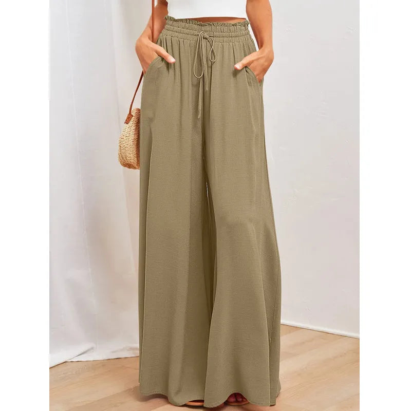 Spring Summer New Women's Wide Leg Pants Elastic Belt Wide Leg High Waist Long Skirt