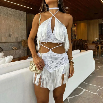 Sexy Tassel Cut Out Skirt Women Halter Lace Bra Tassel Mini Skirt Suit Beach Vacation Casual Female Bathing Suit Summer