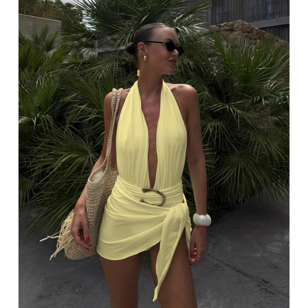 Two Pieces Micro Bikini 2025 Sexy Swimsuit Women Halter Swimwear Biquini Female Solid Bodysuit Bathing Suits Sarong Mini Skirt