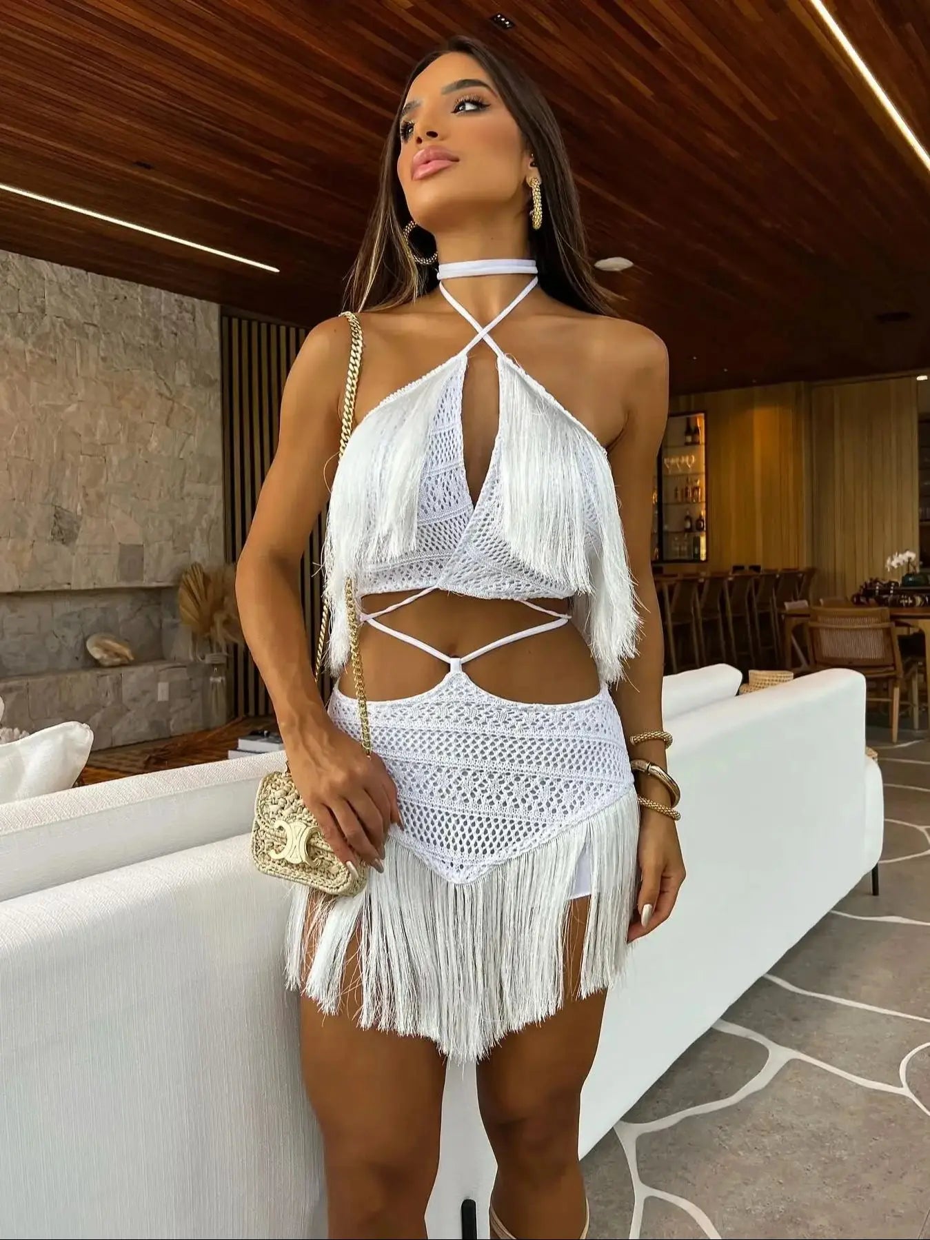 Sexy Tassel Cut Out Skirt Women Halter Lace Bra Tassel Mini Skirt Suit Beach Vacation Casual Female Bathing Suit Summer