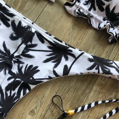 RUOTONSEPT Sexy Black And White Coconut Tree Printed Bikini Sets Women Swimsuit Triangle Halter Swimwear Bathing Suit Brazilian