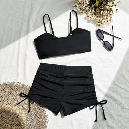 Wrinkled Knotted Shorts High Waist Bikini Female Swimsuit Women Swimwear Two-pieces Bikini set Bather Bathing Suit Swim V6197