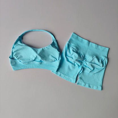 2 Pieces Yoga Suit for Women Seamless Fitness Gym Clothes Halter Sports Bra Matching Impact Shorts Workout Sets Gym Set Outfit