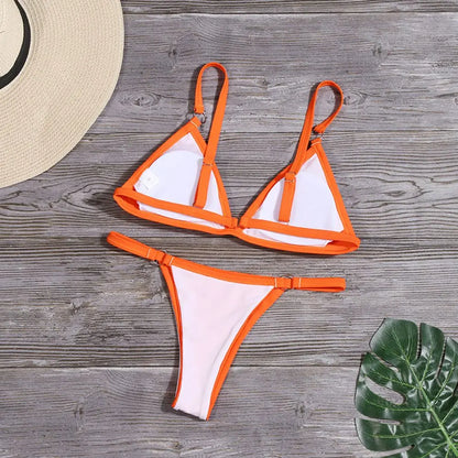 Beach Low Waist Sexy Solid Color Sling Backless Two Piece Split Swimwear Swimsuit Bikini Set