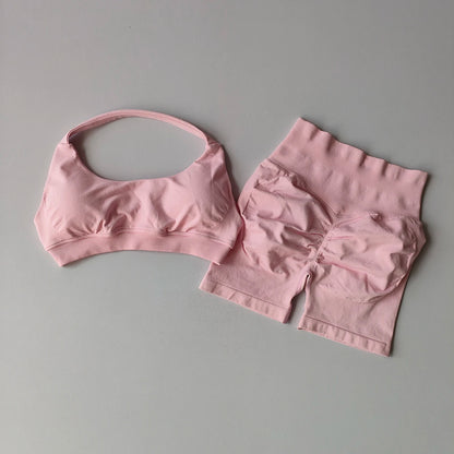 2 Pieces Yoga Suit for Women Seamless Fitness Gym Clothes Halter Sports Bra Matching Impact Shorts Workout Sets Gym Set Outfit