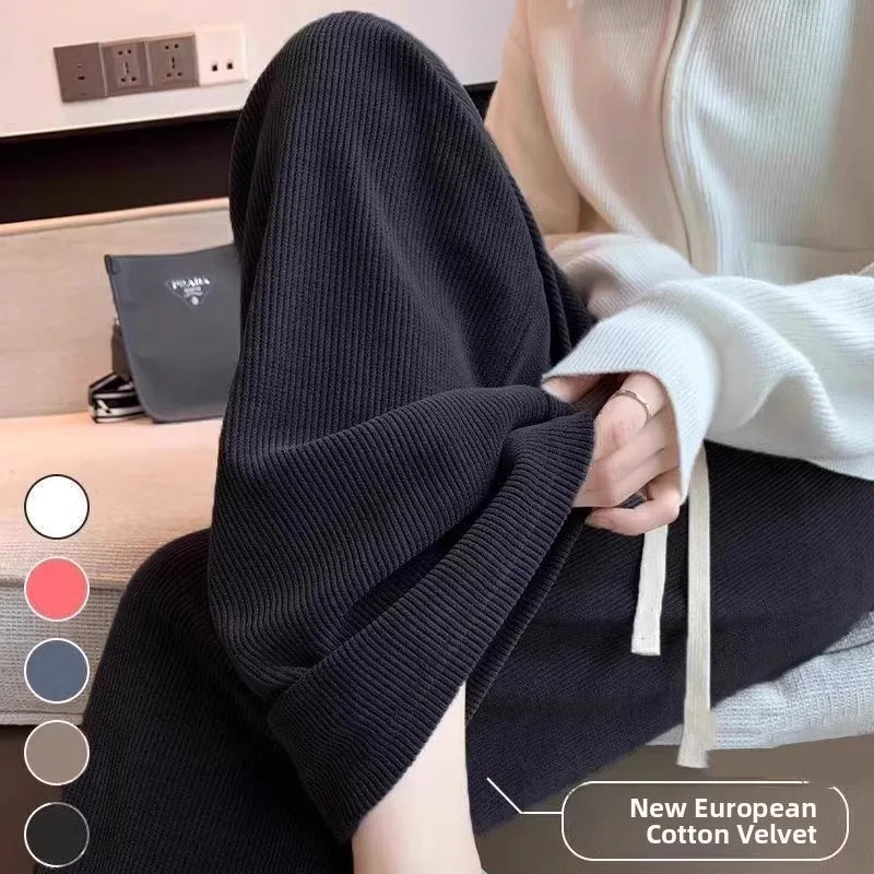 High Waist Wide Leg Pants Women's Autumn Winter Flannel Fce Lined Straight Cut Trousers Casual High Waist Pants