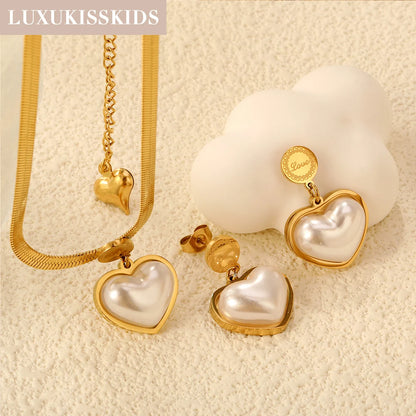 LUXUKISSKIDS Fashion Cubic Love Heart Minimalist Jewelry Set Necklace Earrings Bracelets Stainless Steel Women/Girls Accesories