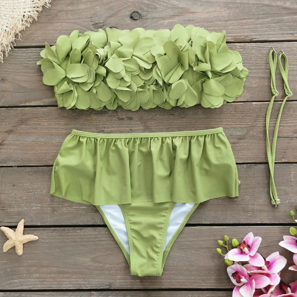 2025 Summer New Sexy Petal Push Up Backless Bikini Set Women Fashion Flower Ruffles Bikini Lady Solid Beachwear Bathing Suit