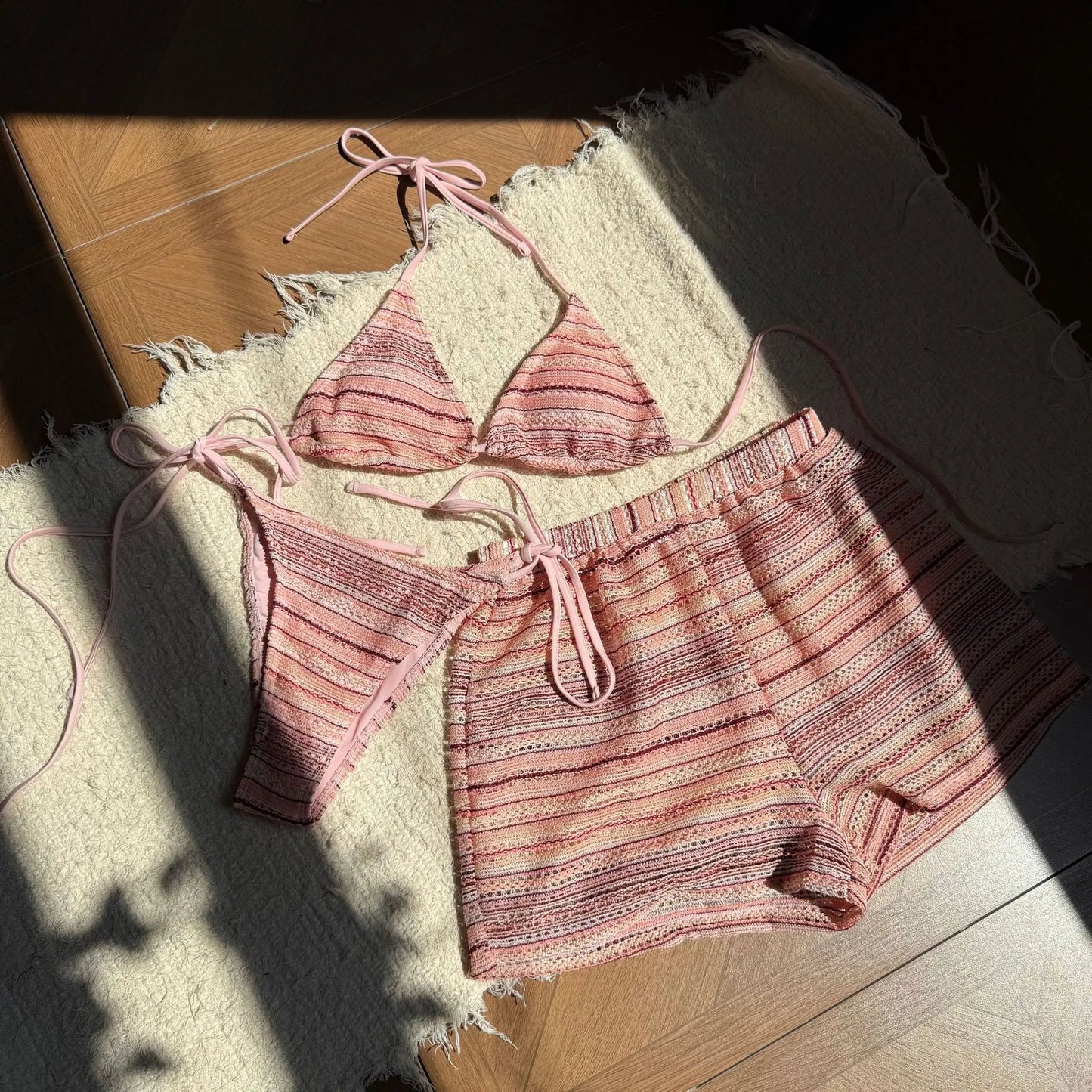 sexy knitted striped halter tie bikinis sets three pieces with shorts swimsuits beachwear bathing suit swimwear biquini tankini