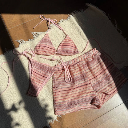 sexy knitted striped halter tie bikinis sets three pieces with shorts swimsuits beachwear bathing suit swimwear biquini tankini