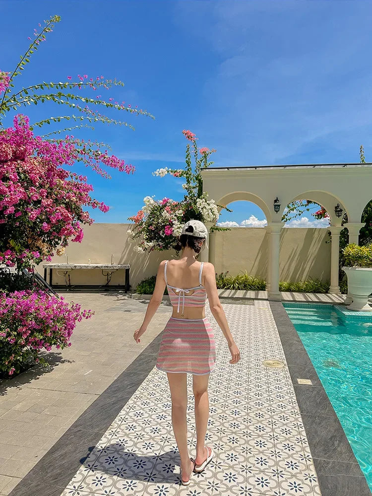 Retro Striped Bikini Set Women's Fresh Style Skirt Type Separate Swimming Suits Chinese Brand Summer Beachwear Swimwear