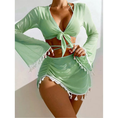 S - XL With Tassel Skirt Long Sleeve Bikini Women Swimwear Female Swimsuit Four-pieces Bikini set Bather Bathing Suit Swim V7060