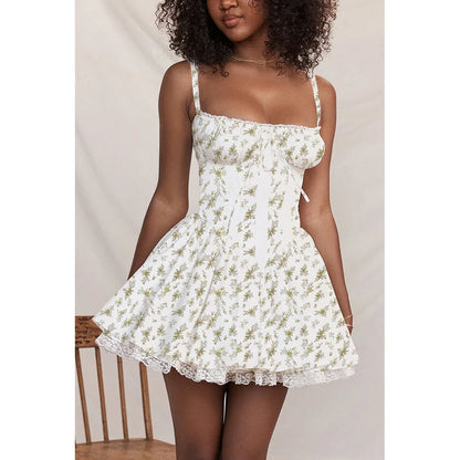 Sexy Lace Floral Corset Short Dress Elegant Women's White Yellow Sundress Female High Waist Mini Sun Dresses Summer 2025 New In