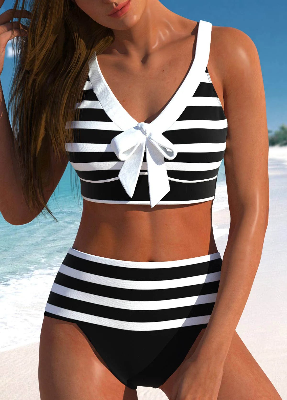 Women's New Summer Two-piece Swimsuit with Black and White Printed Sexy Lace Up Casual Beach Swimsuit S-6XL