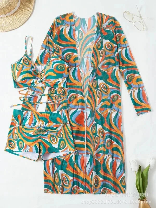 Mingyi New Multi-Color Mesh Cover up Sexy Leg Lengthening Swimsuit Top Bottoms Three-Piece Set Women's Swimwear