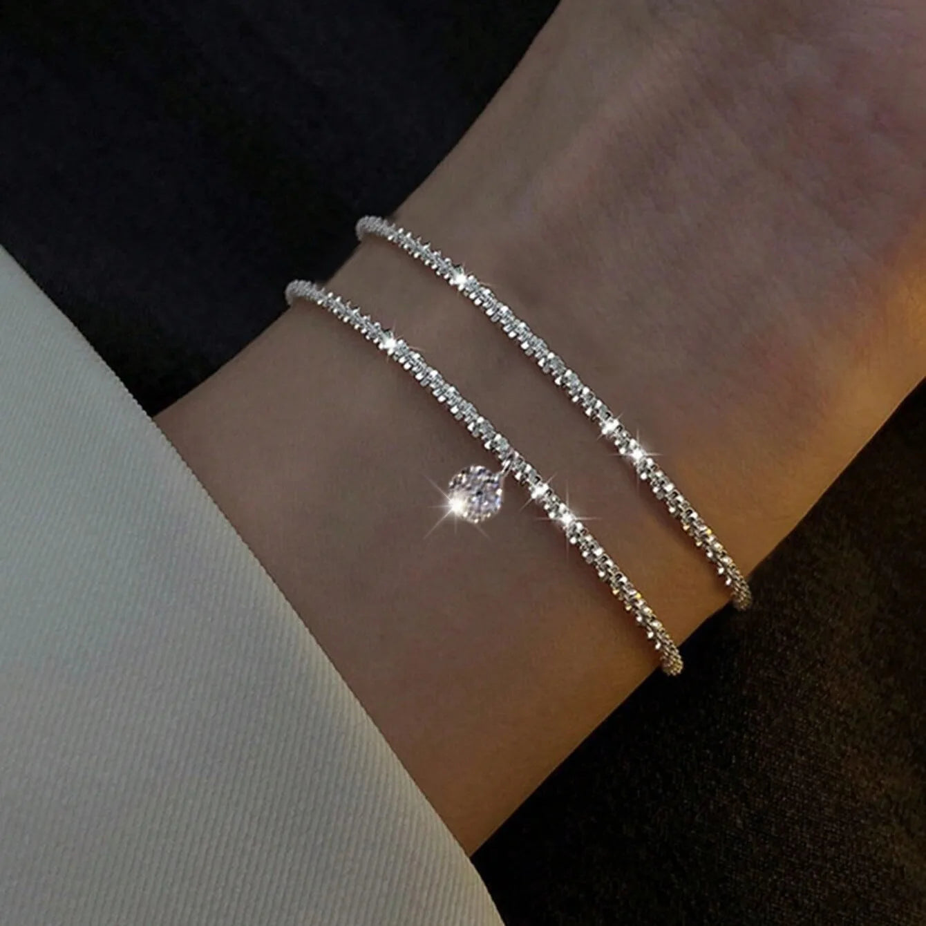 2Pcs Korean Sparkling Bracelet Set For Women Silver Color Cross Charm Chain Bangle Wristband Female Fashion Party Jewelry