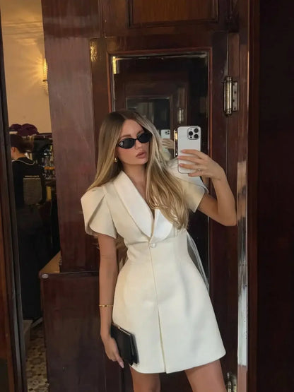 Elegant Lapel Short Sleeve High Waist One Button Dresses Fashion Bodycon Mini A-line Dress Summer New Lady Street Party Vestidos