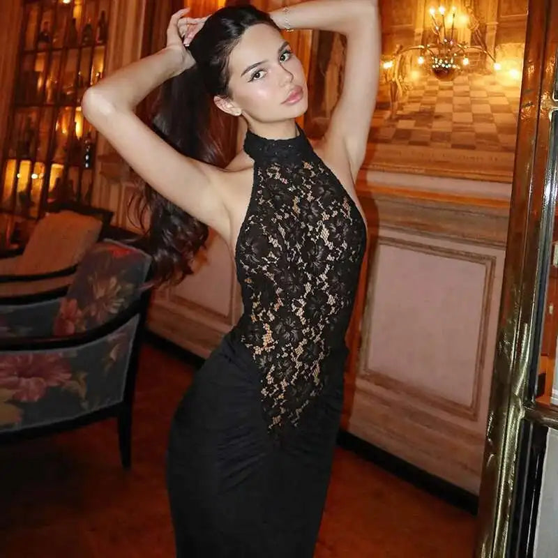 Mozision Lace Halter Backless Sexy Maxi Dress For Women Black Off-shoulder Strapless Sleeveless Bodycon Club Party Long Dress