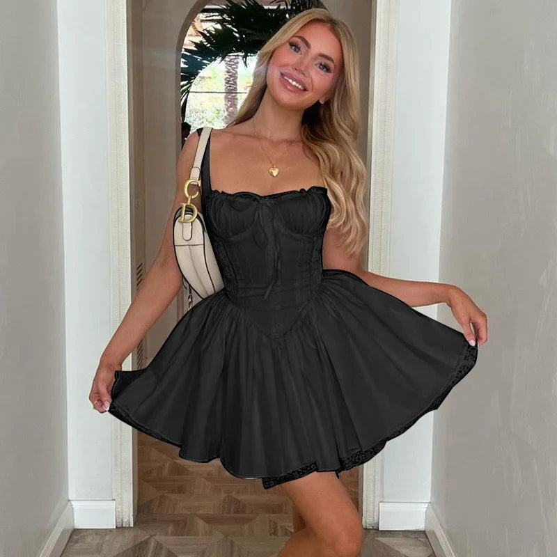 Sexy Lace Floral Corset Short Dress Elegant Women's White Yellow Sundress Female High Waist Mini Sun Dresses Summer 2025 New In