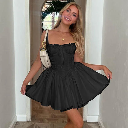 Sexy Lace Floral Corset Short Dress Elegant Women's White Yellow Sundress Female High Waist Mini Sun Dresses Summer 2025 New In