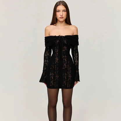 Suninheart White Off The Shoulder Autumn Bodycon Dress 2025 Long Sleeve Elegant Lace Maxi Dress Wedding Guest Dress for Women